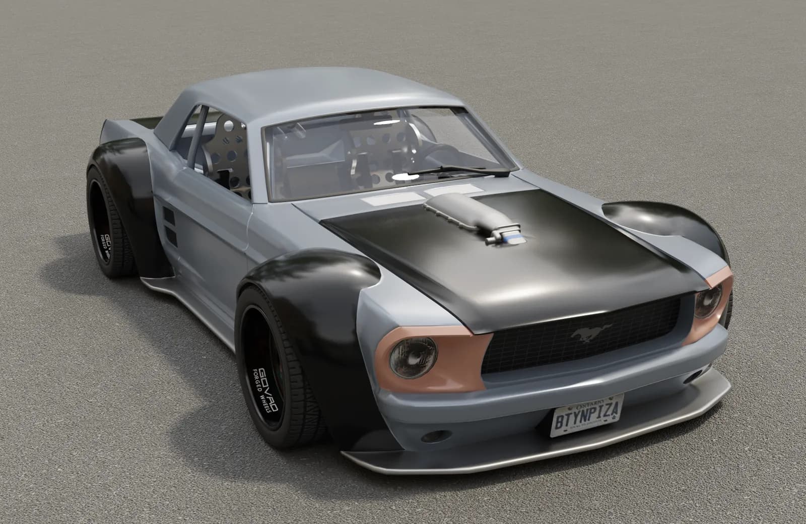 The finished Mustang model rendered with a black hood and arches