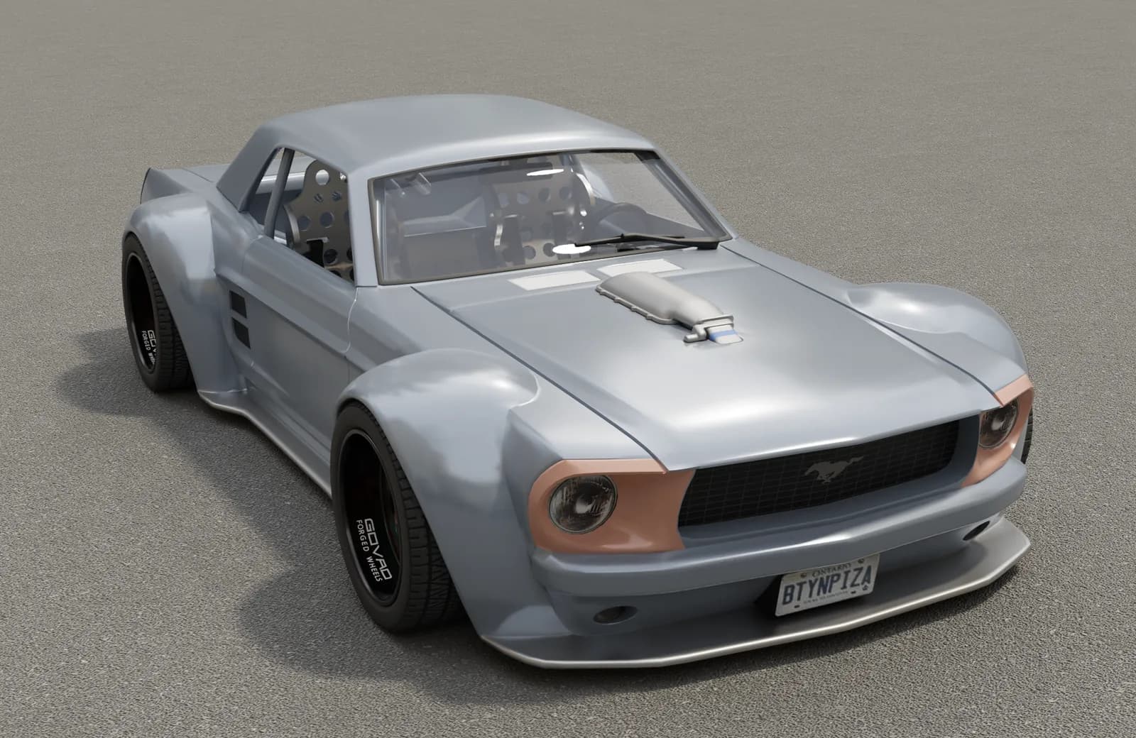 The finished Mustang model rendered in grey with dark arches