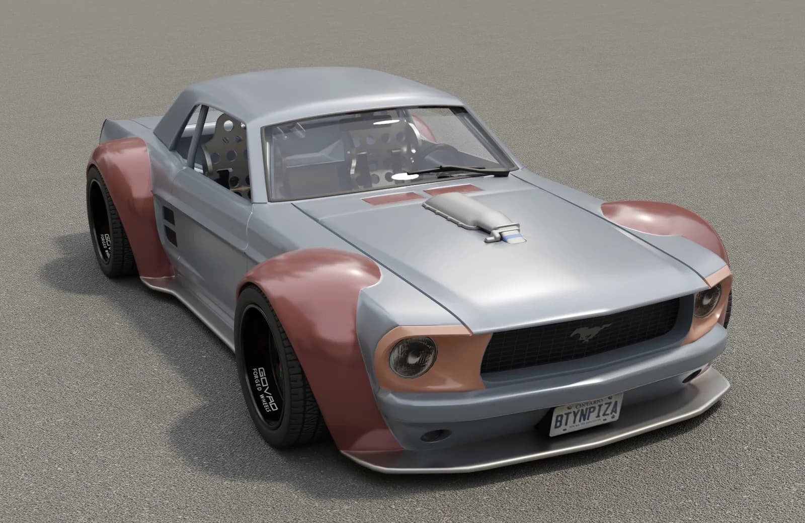 The finished Mustang model rendered in grey with red arches