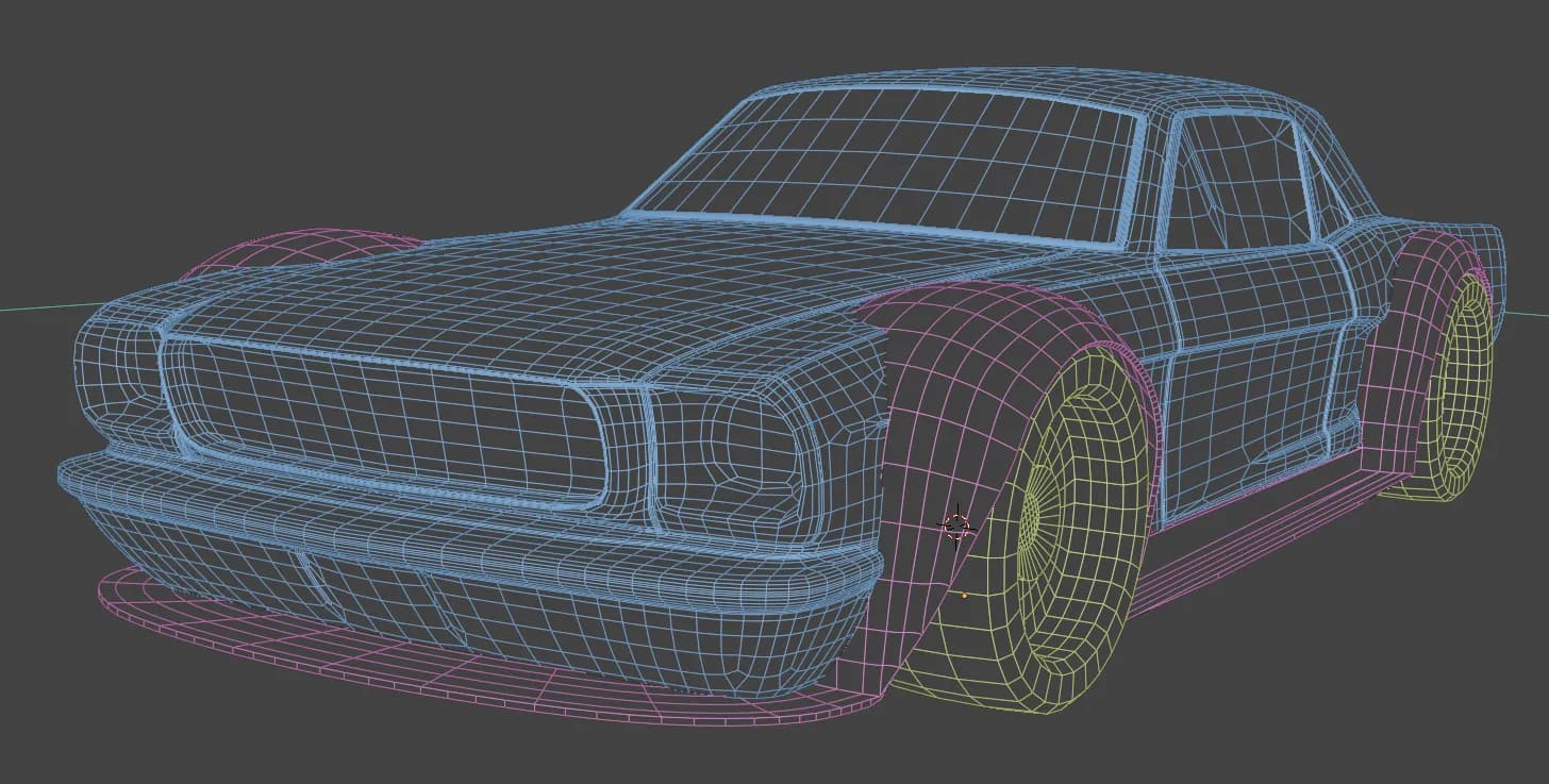 Wireframe 3D model of the widebody Mustang body shell, arches and wheels