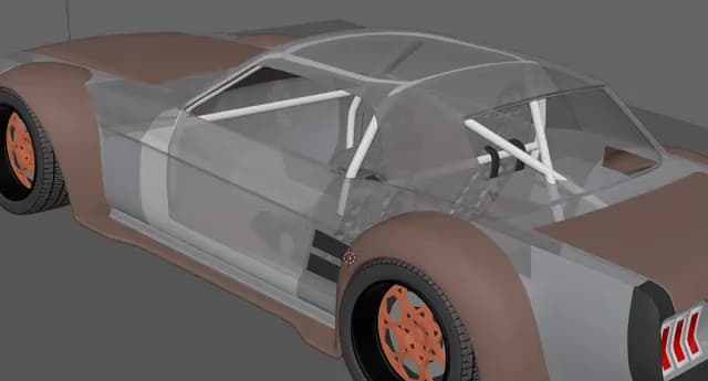 A widebody Mustang 3D model with a see-through body showing the modelled roll cage