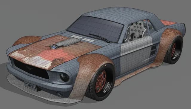 The widebody Mustang 3D model with its mesh visible over the final patina, plate and hood intake