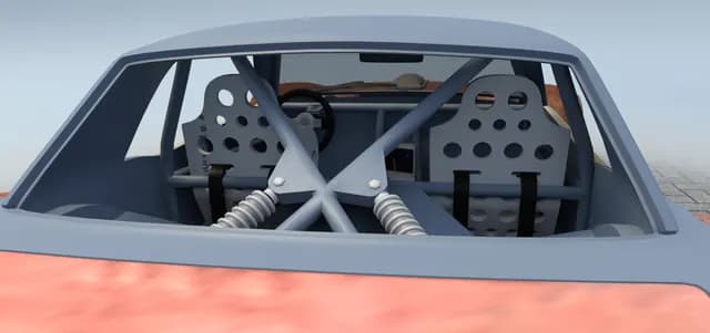 The modelled interior of a widebody Mustang: perforated seats, harnesses, roll cage and coilovers