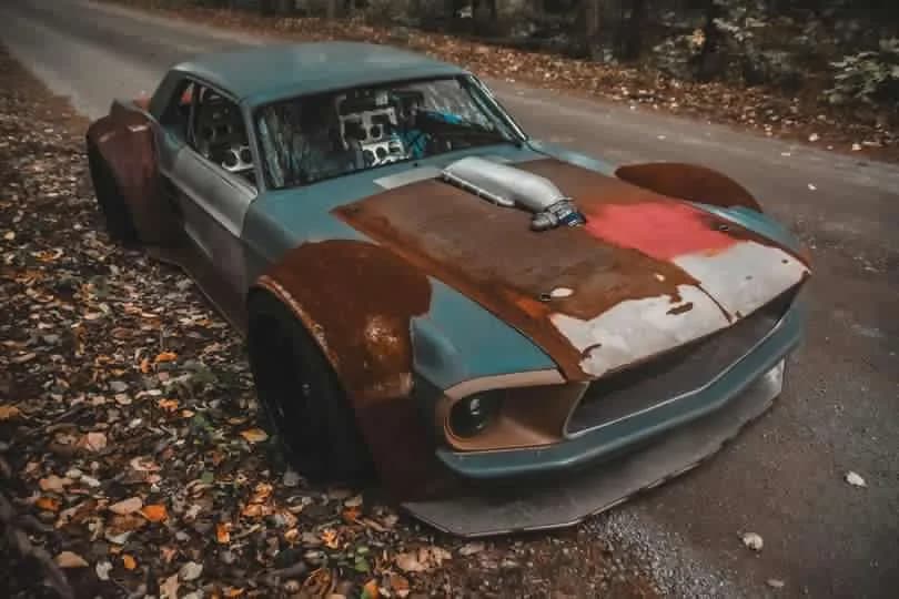 The owner's photo of the Mustang from above, parked on autumn leaves