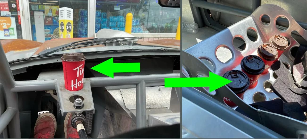 Reference photos from the owner with arrows pointing to a coffee cup in the cup holder