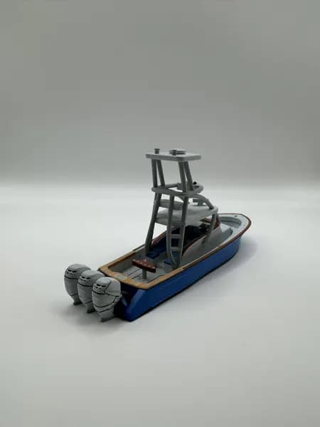 A detailed 3D printed fishing boat model with tuna tower on a neutral background
