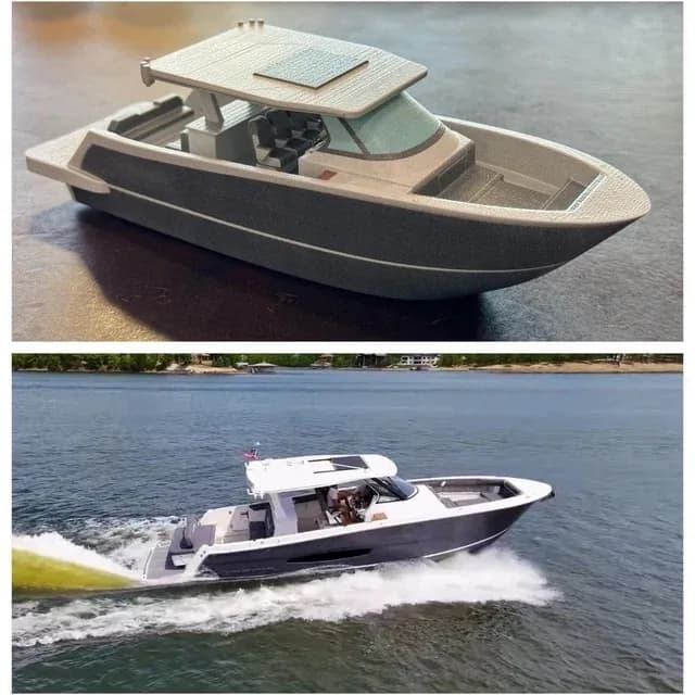 A side-by-side comparison of a real sport boat and its 3D printed scale model