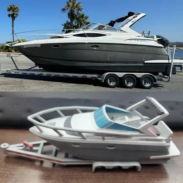 A 3D printed yacht model shown beside a photograph of the real boat