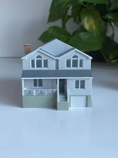Front elevation of a custom 3D printed house model made from photographs