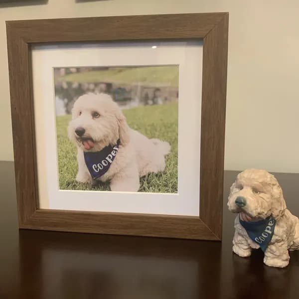 A 3D printed dog figurine displayed beside a framed photograph of the same pet